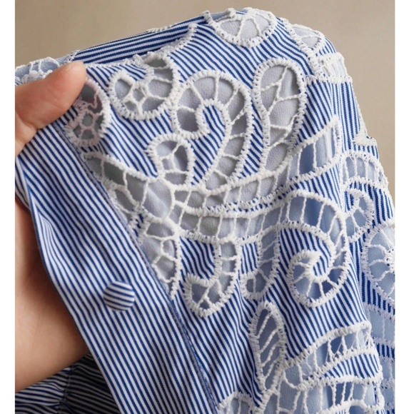 Striped Lace Button Cuff Sleeve Belted Wide Leg Jumpsuit - Picture 4 of 5